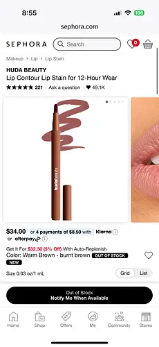 Huda Beauty Lip contour lip stain for 12-hour wear Cinnamon, baby pink, rosewood, toasty brown, soft nude, warm brown, rich brown