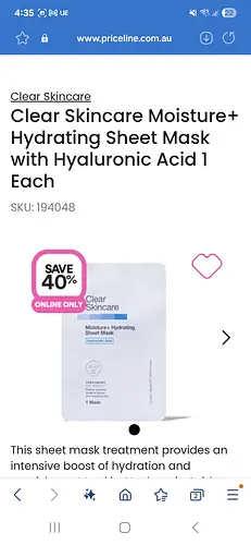 Clear Skincare Moisture+ Hydrating Sheet Mask with Hyaluronic Acid