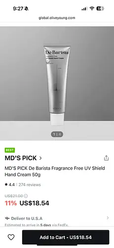 MD’s Pick De Barista Fragrance Free UV Shield Hand Cream