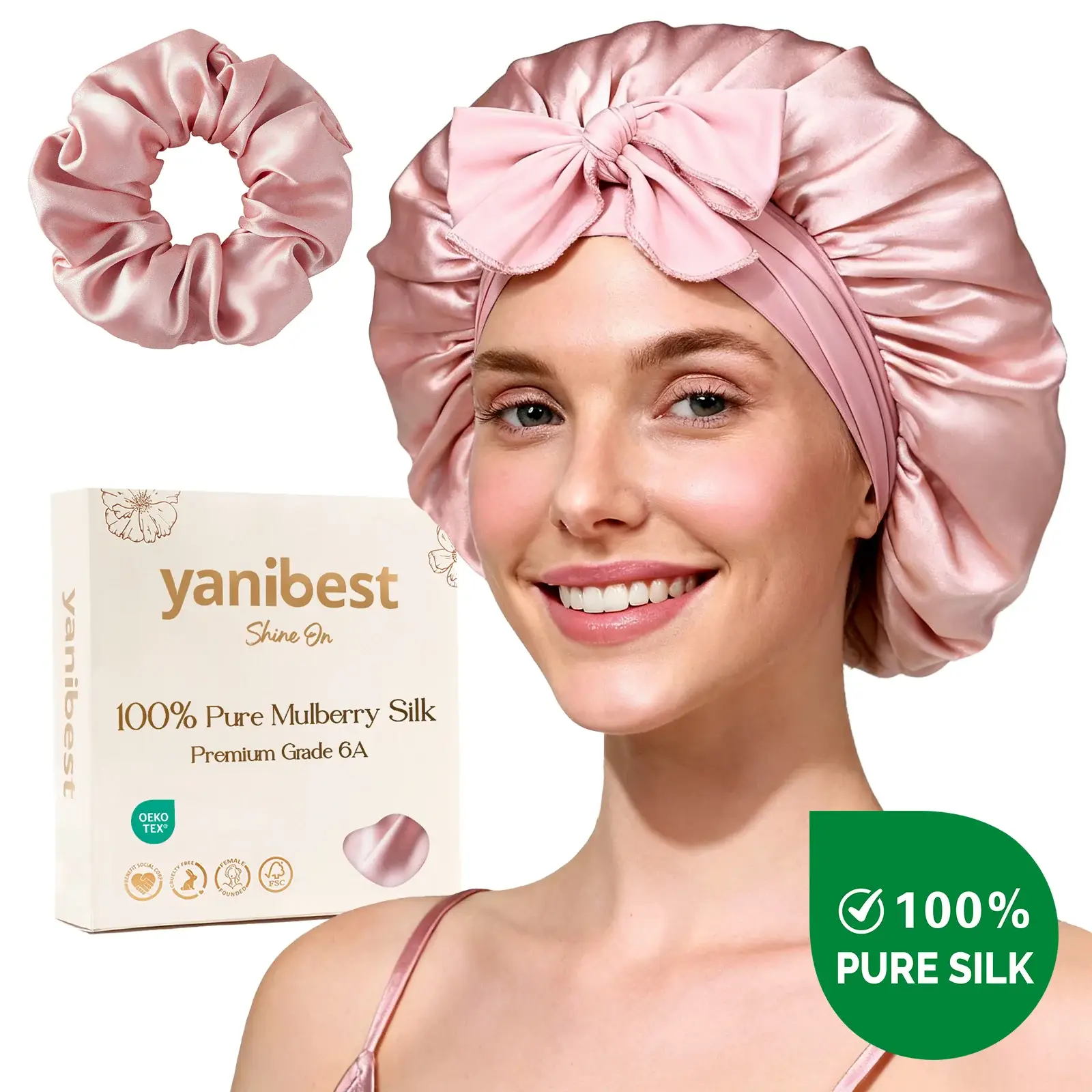 Yanibest Hisheen Silk 6A Mulberry Silk Bonnet With Tie Band Pink