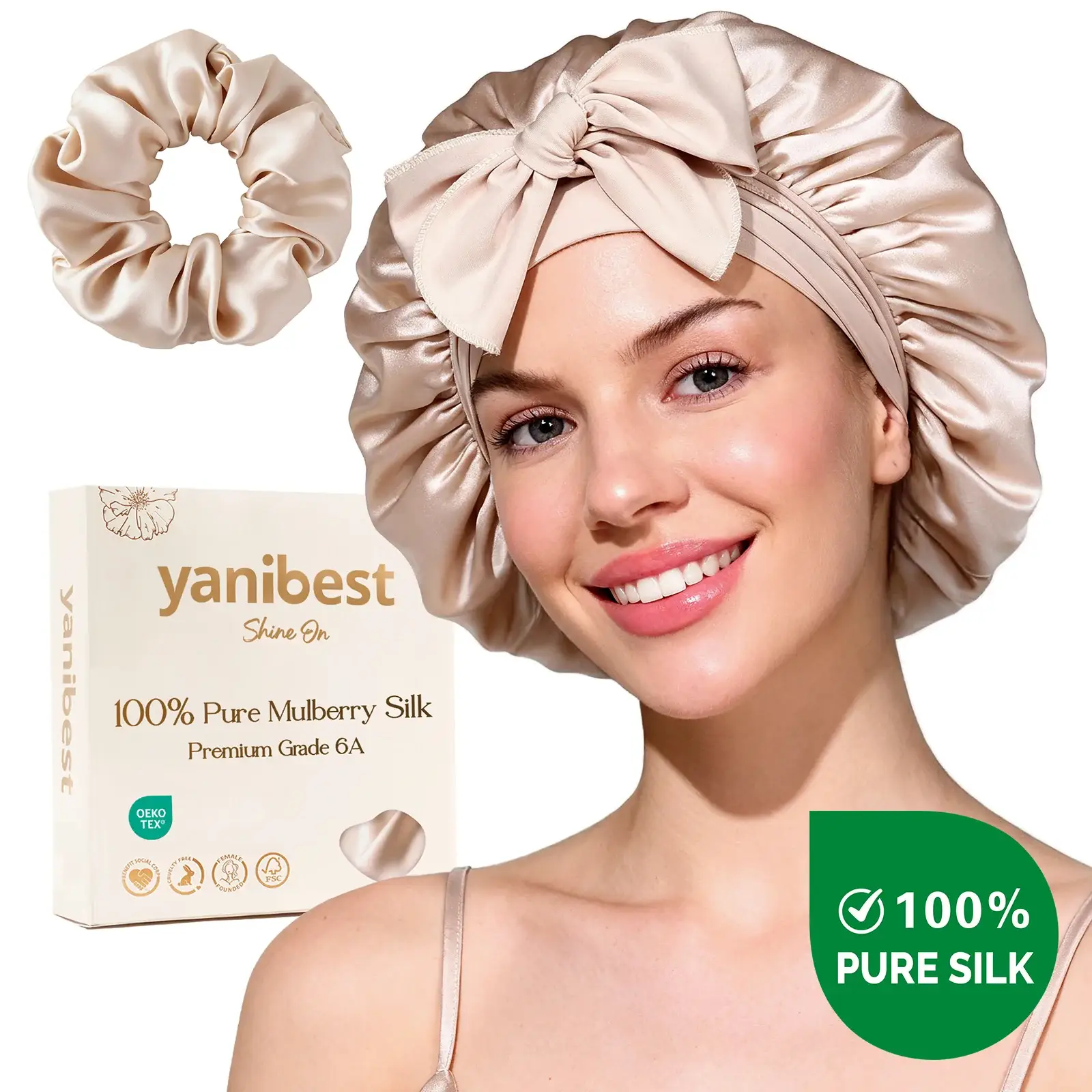 Yanibest Hisheen Silk 6A Mulberry Silk Bonnet With Tie Band Champagne