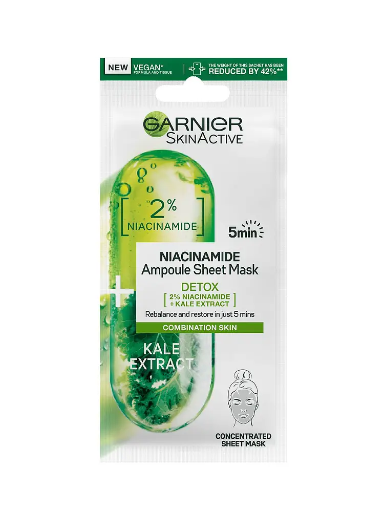Garnier 2% Niacinamide + Kale Detox Ampoule Sheet Mask Combination Skin