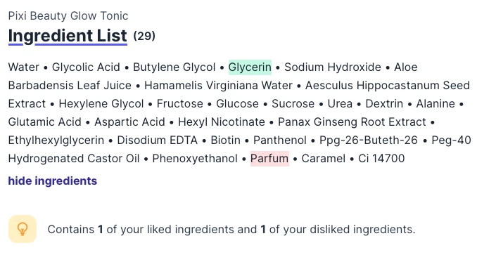 Ingredients list with liked/disliked ingredients highlighted