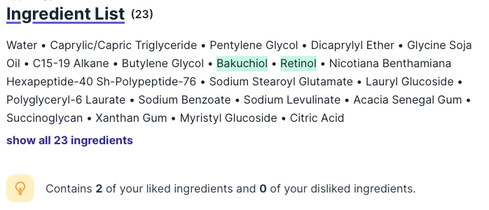 Ingredients list with bakuchiol and retinol highlighted