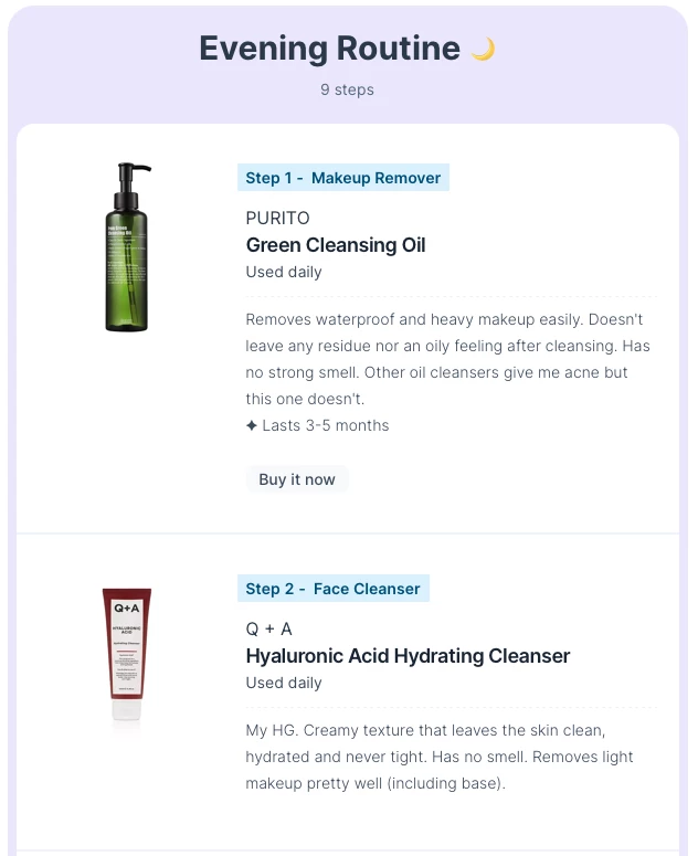 Example of an evening skincare routine with notes