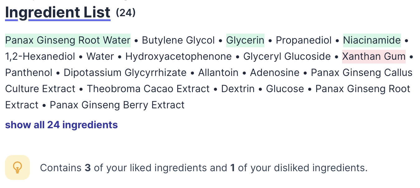 Liked and disliked ingredients are highlighted in ingredients list